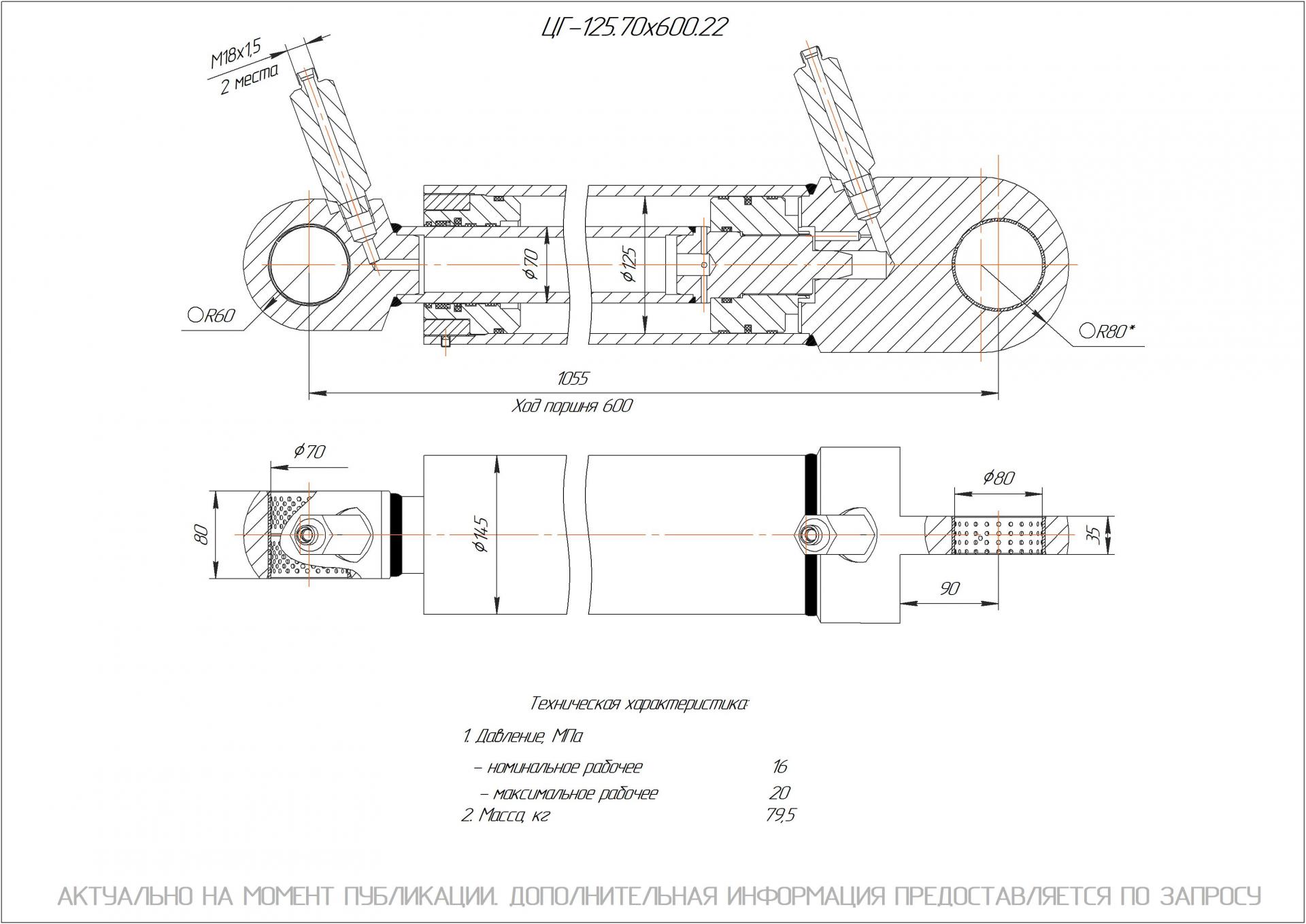  Чертеж ЦГ-125.70х600.22 Гидроцилиндр
